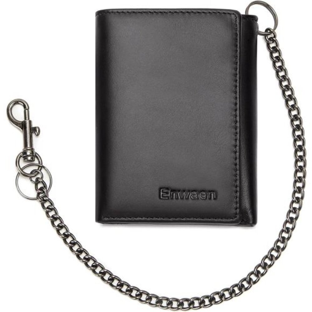 Mens Wallet with Chain Genuine Leather Trifold Wallet RFID Blocking Anti-Theft